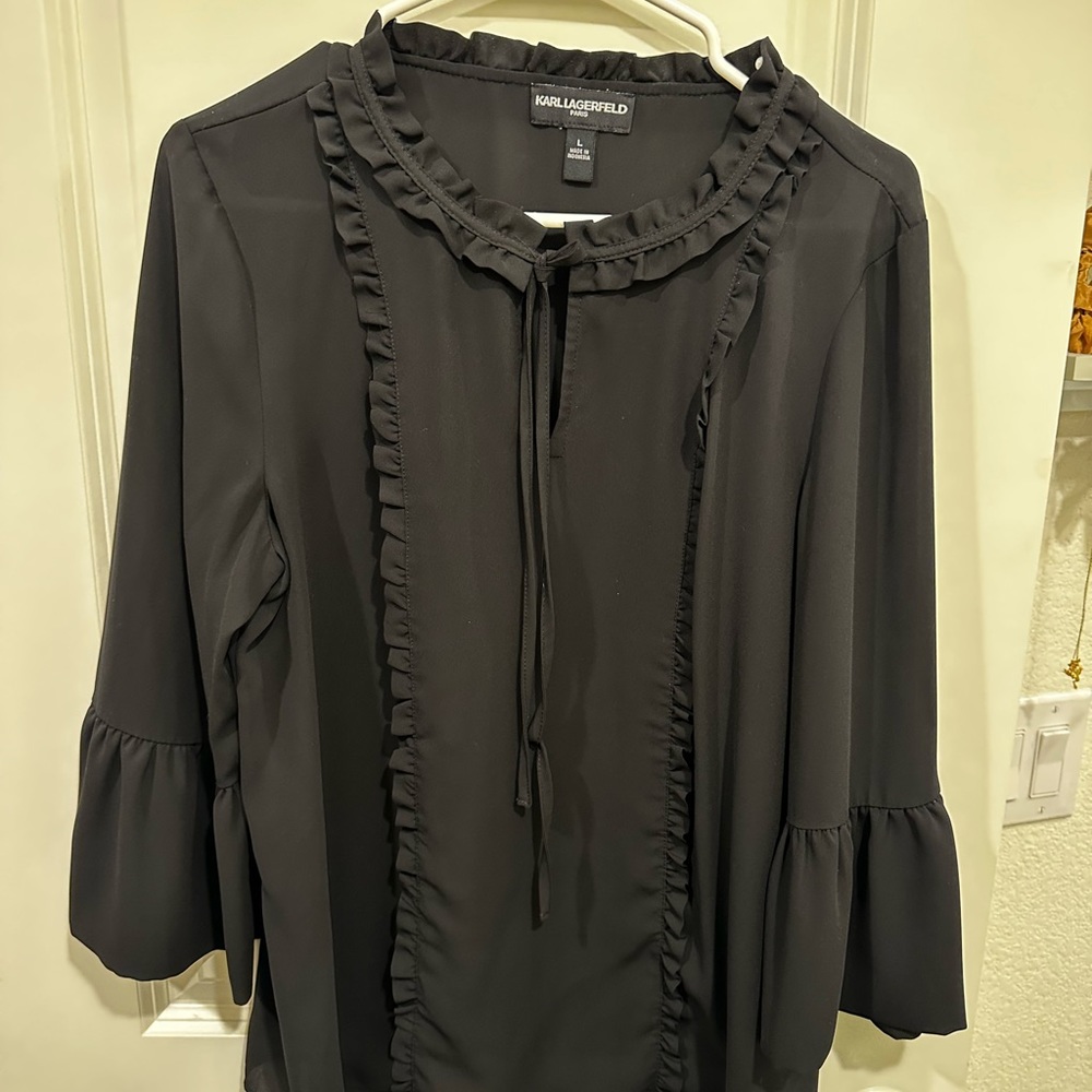 Karl Lagerfeld Black Ruffle Chiffon Blouse Size L
